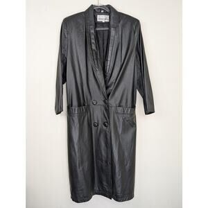 Vintage Donna Pelle Leather Coat Womens Large Black Long Trench 90s Classic